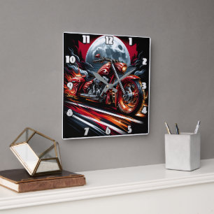 Fiery motorcycle races under a full moon square wall clock