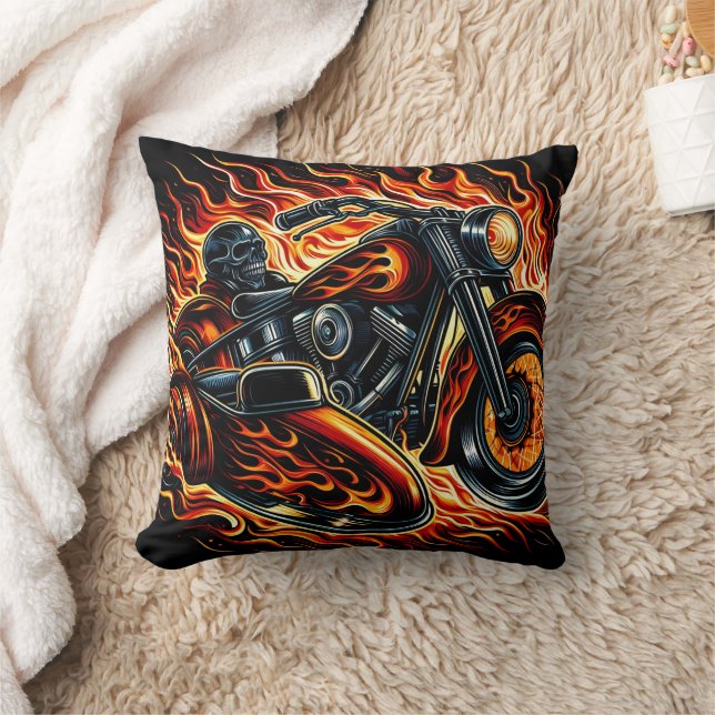 Fiery motorcycle racing through blazing flames  cushion (Blanket)