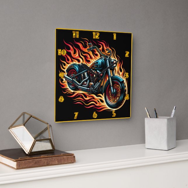 Fiery motorcycle roaring through flames at sunset square wall clock (Office)