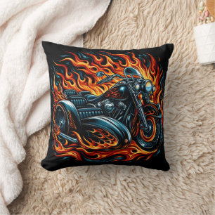 Fiery motorcycle roaring through vibrant flames cushion