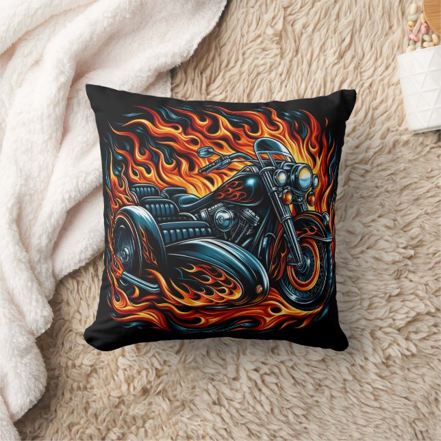 Fiery motorcycle roaring through vibrant flames cushion (Blanket)