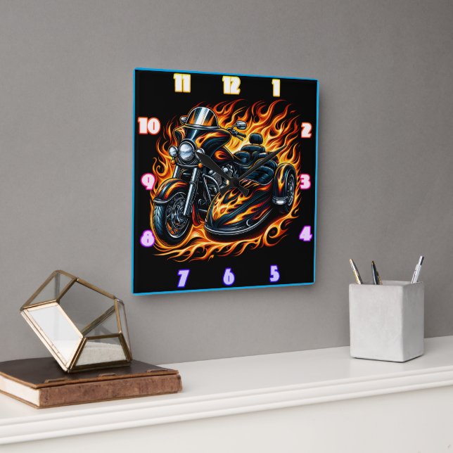 Fiery motorcycle with sidecar at sunset square wall clock (Office)