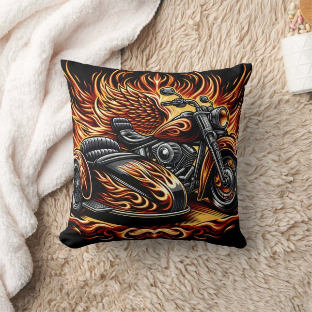 Fiery motorcycle with vibrant flames and sidecar cushion (Blanket)
