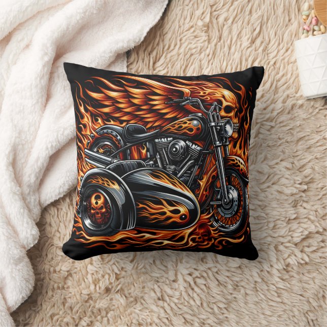 Fiery motorcycle with vibrant flames and sidecar cushion (Blanket)