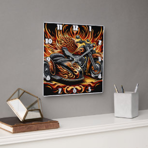 Fiery motorcycle with vibrant flames and sidecar square wall clock