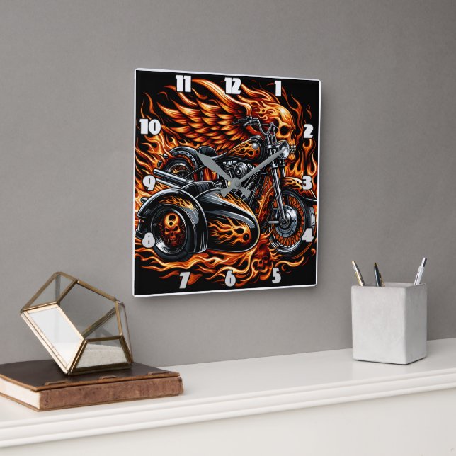 Fiery motorcycle with vibrant flames and sidecar square wall clock (Office)