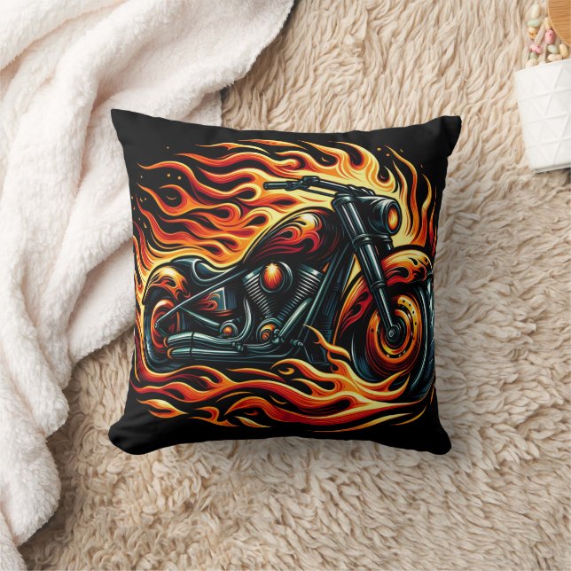 Fiery motorcycle with vibrant flames at dusk cushion (Blanket)