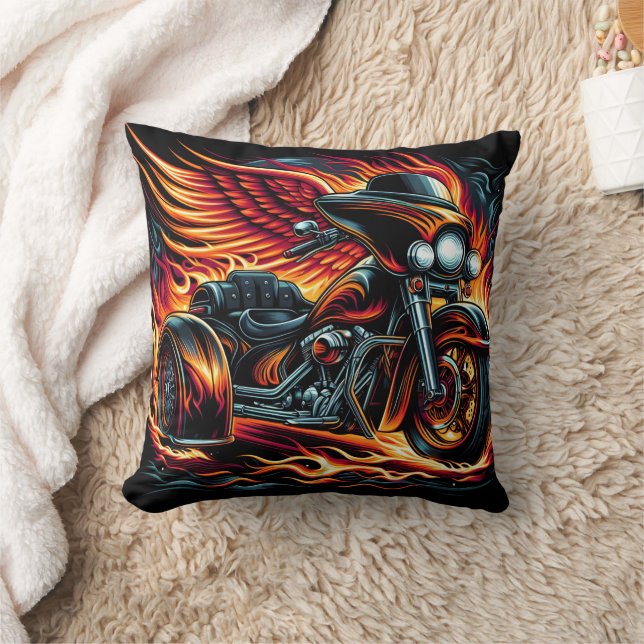 Fiery motorcycle with wings racing through flames cushion (Blanket)