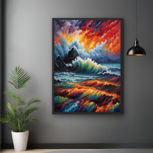 Fiery Ocean Storm - Abstract Seascape Art Poster