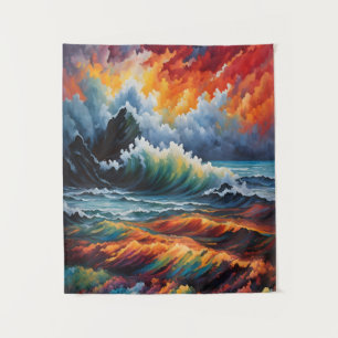 Fiery Ocean Storm - Abstract Seascape Art Tapestry