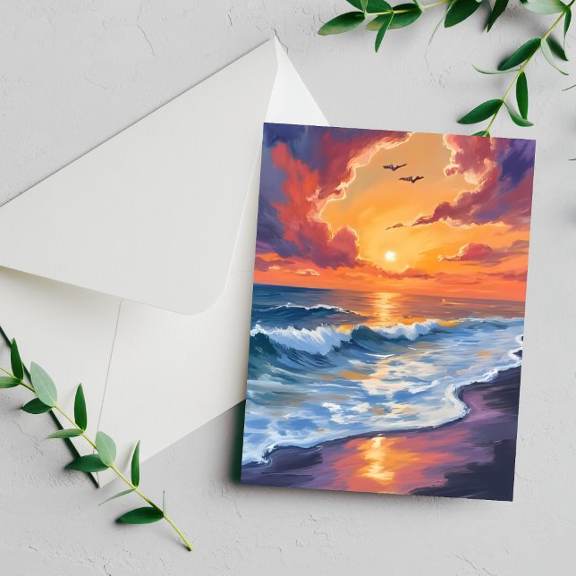 Fiery Ocean Sunset Waves Seascape Painting Card (Creator Uploaded)