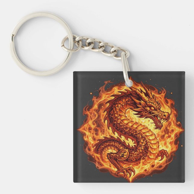 Fiery Orange Dragon Fire Flames Gift for men Key Ring (Front)