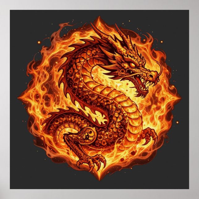 Fiery Orange Dragon Fire Flames Gift for men Poster (Front)
