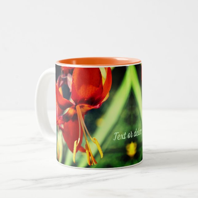 Fiery Orange Lily Flower Personalised Two-Tone Coffee Mug (Front Left)