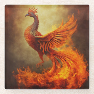Fiery Orange Phoenix Rising through Golden Mist Glass Coaster