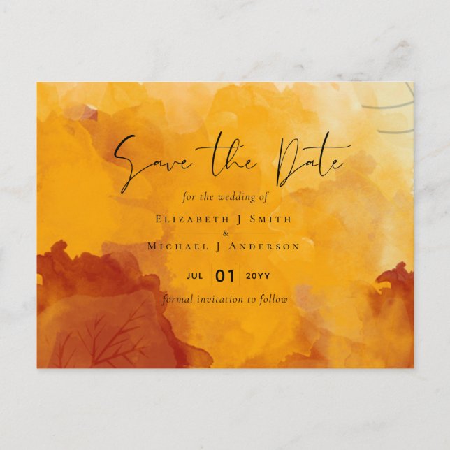 Fiery Orange Watercolor Abstract Sunset Wedding Postcard (Front)