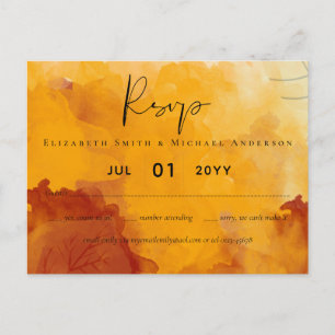 Fiery Orange Watercolor Abstract Sunset Wedding Postcard