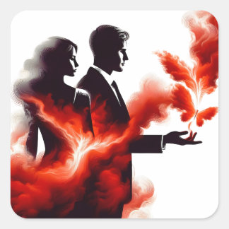Fiery Passion Couple Silhouette - Surreal Flame Ar Square Sticker