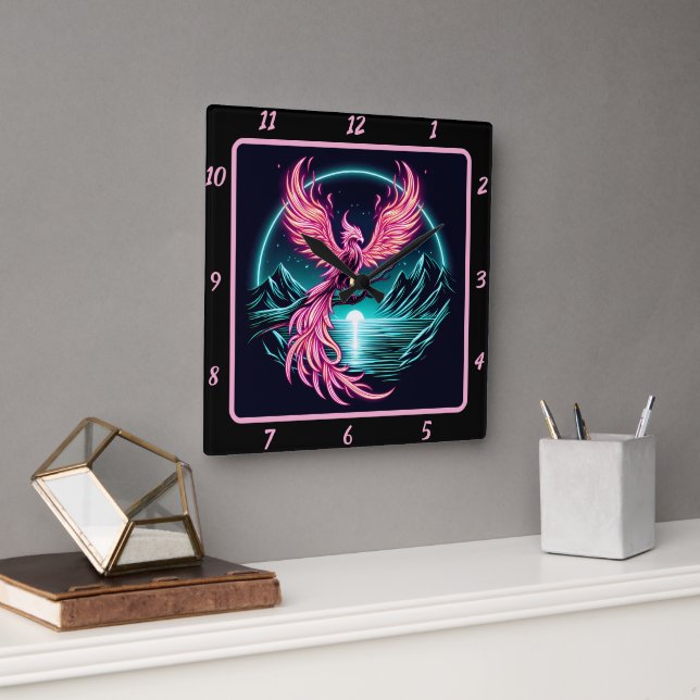 Fiery Phoenix Above Silent Mountain Square Wall Clock (Office)