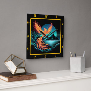 Fiery Phoenix Above Silent Mountains Square Wall Clock