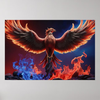 Fiery Phoenix: Rebirth in Red and Blue Flames Poster