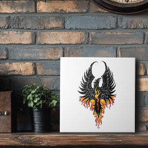 Fiery Phoenix Rising Firebird Black Tribal Flames Ceramic Tile