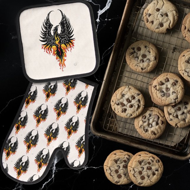 Fiery Phoenix Rising Firebird Black Tribal Flames Oven Mitt & Pot Holder Set (Creator Uploaded)