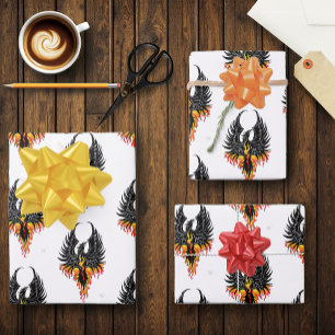 Fiery Phoenix Rising Firebird Black Tribal Flames Wrapping Paper Sheet