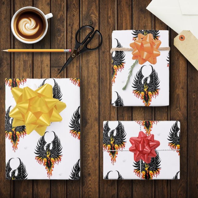 Fiery Phoenix Rising Firebird Black Tribal Flames Wrapping Paper Sheet (Creator Uploaded)
