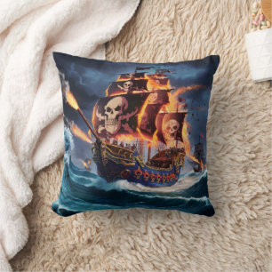 Fiery Pirate Ship Battling Waves at Dusk Cushion