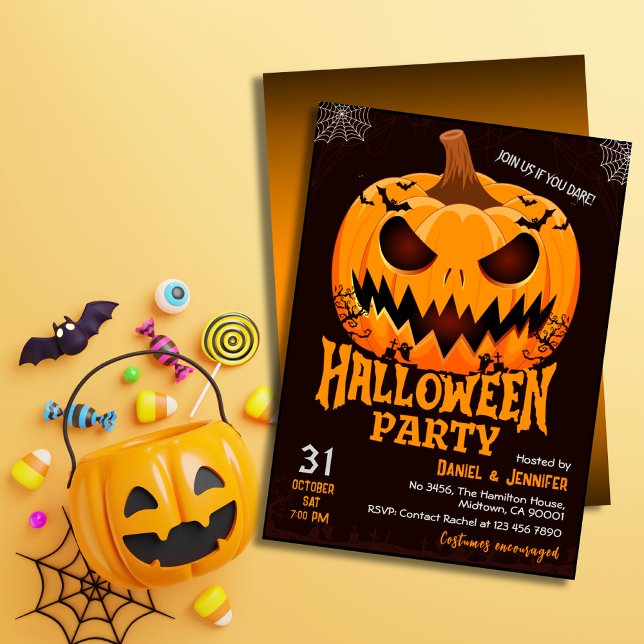 Fiery Pumpkin Jack o lantern bats Spooky Halloween Invitation (Creator Uploaded)