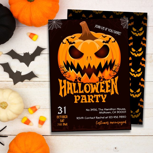 Fiery Pumpkin Jack o lantern bats Spooky Halloween Invitation (Creator Uploaded)