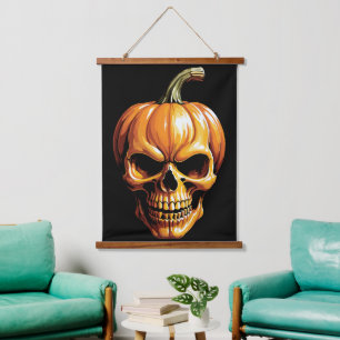 Fiery Pumpkin Skull for Halloween Hanging Tapestry
