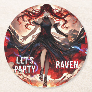 Fiery Raven Gothic Anime Girl Party Design Round Paper Coaster