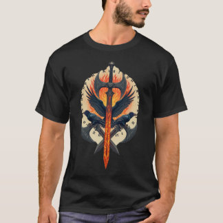 Fiery Raven Guardian: Viking Sword & Axe Emblem T-Shirt
