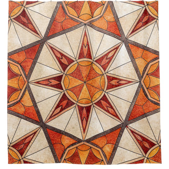 Fiery Red and Orange Starburst - Geometric Mosaic Shower Curtain (Front)