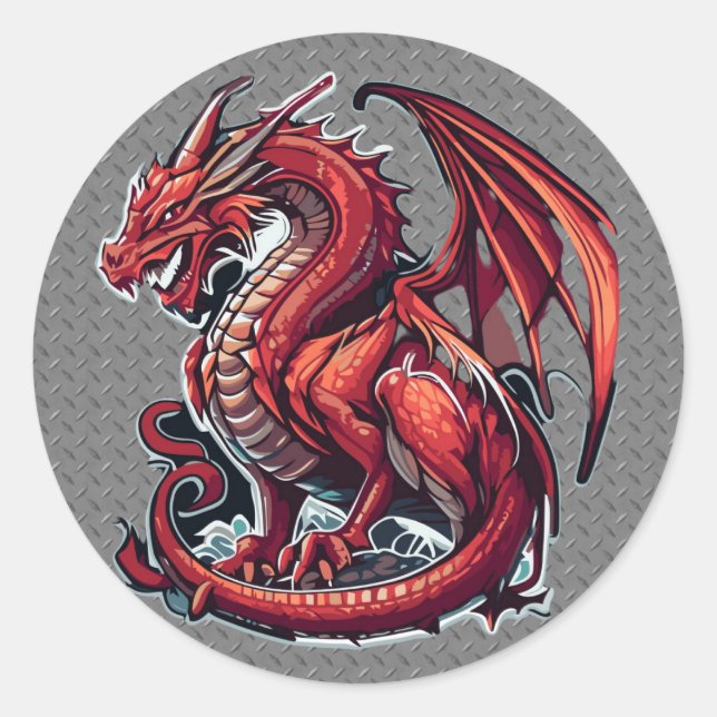 Fiery Red Dragon On Metal Diamond Plate Classic Round Sticker (Front)