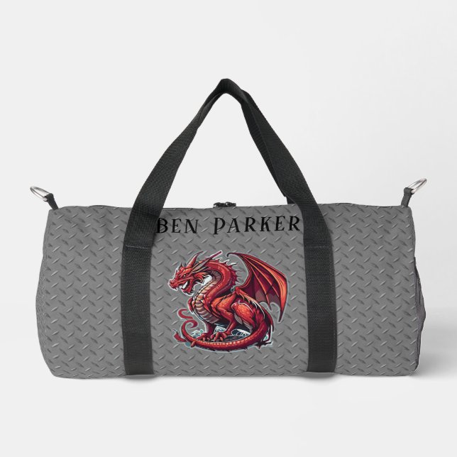 Fiery Red Dragon On Metal Diamond Plate Custom Duffle Bag (Front)