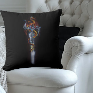 Fiery Red Fantasy Dragon Silver Sword Painting Cushion