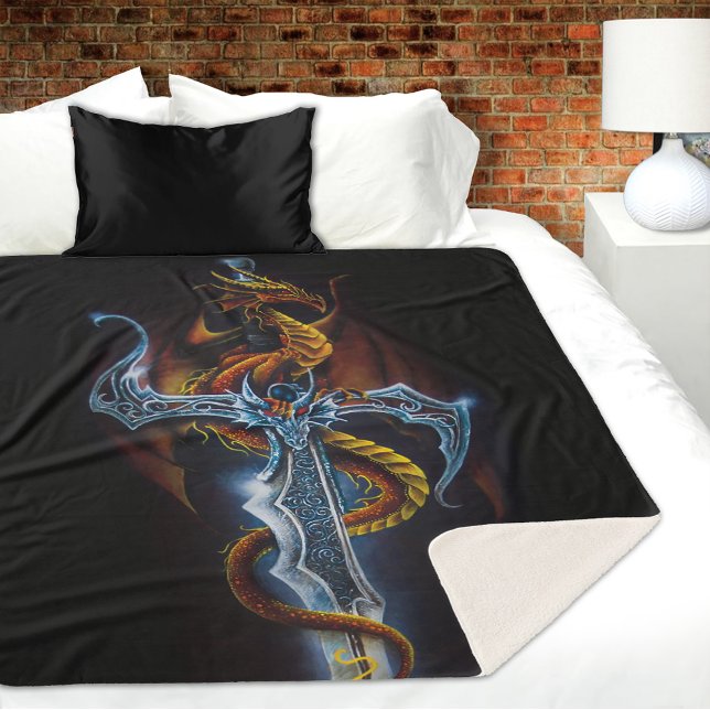 Fiery Red Fantasy Dragon Silver Sword Painting Sherpa Blanket (Creator Uploaded)