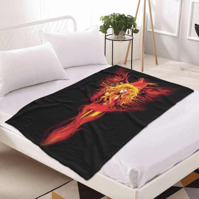 Fiery Red Fantasy Phoenix Woman Black Fleece Blanket (Creator Uploaded)
