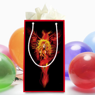 Fiery Red Fantasy Phoenix Woman Black Small Gift Bag