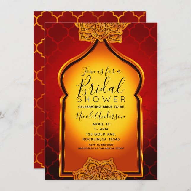 Fiery Red Gold Royal Indian Arabian Bridal Shower Invitation (Front/Back)