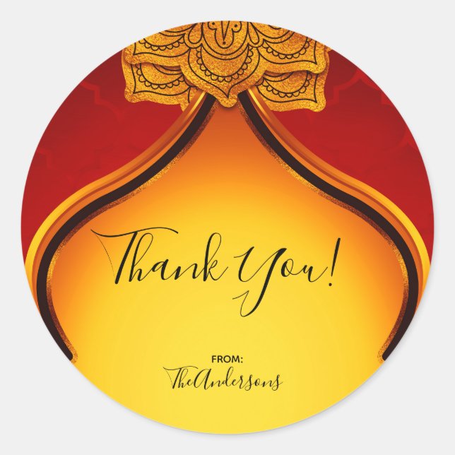 Fiery Red Gold Royal Indian Arabian Party Favour Classic Round Sticker (Front)