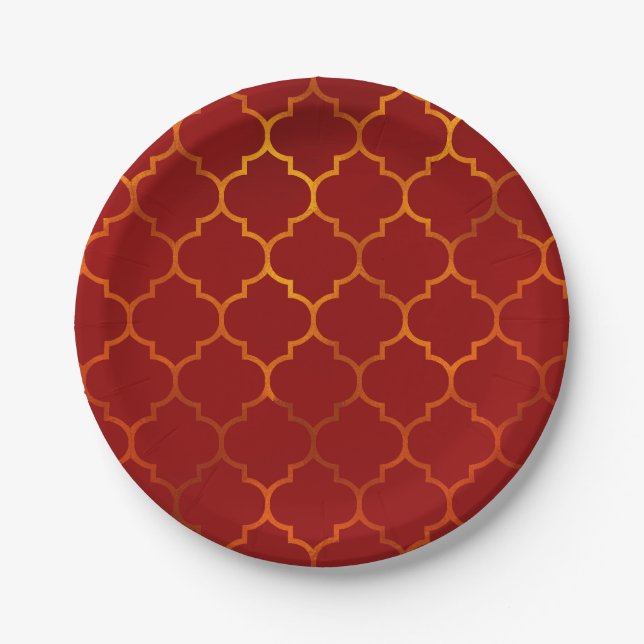 Fiery Red Gold Royal Indian Arabian Theme Moroccan Paper Plate (Front)