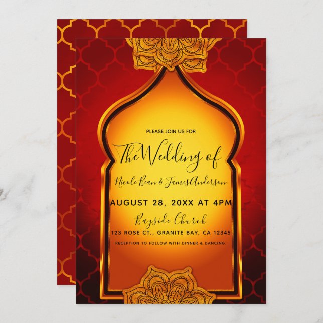 Fiery Red Gold Royal Indian Arabian Theme Wedding Invitation (Front/Back)