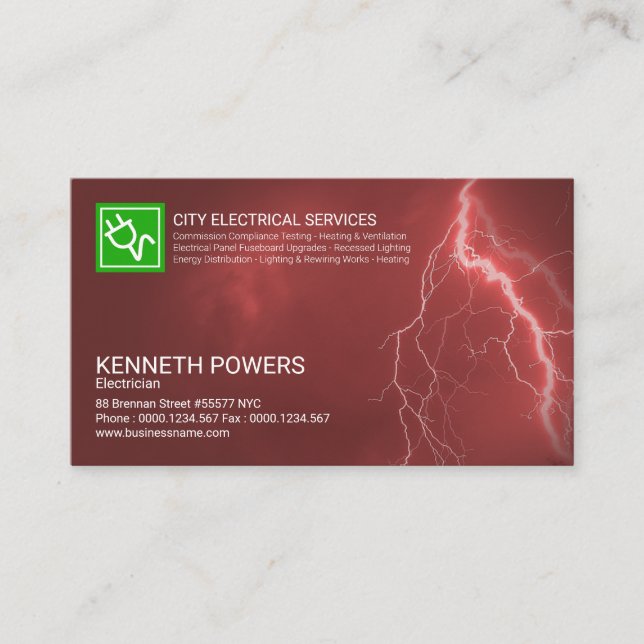 Fiery Red Sky Illuminating Lightnings Electrician Business Card (Front)
