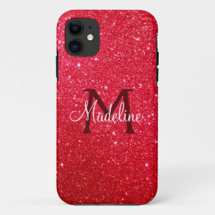 Fiery Red Sparkling Glitter Monogrammed iPhone 11 Case
