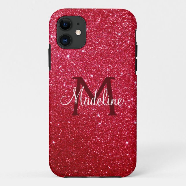  Fiery Red Sparkling Glitter Monogrammed  Case-Mate iPhone Case (Back)