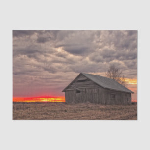 Fiery Red Sunrise Teasing an Isolated Barn Tissue Paper